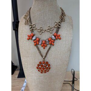 Gold Tone Layered Necklace Set With Orange Beads & Crystal Accents